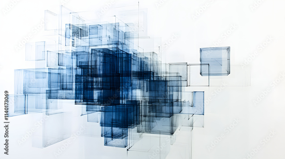Poster 3d rendered transparent cube graphics with blue colors on a light background. illustration for digit