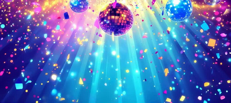 Colorful disco ball light with colorful confetti element background. Music party nightclub concept. Generative video AI technology.	
