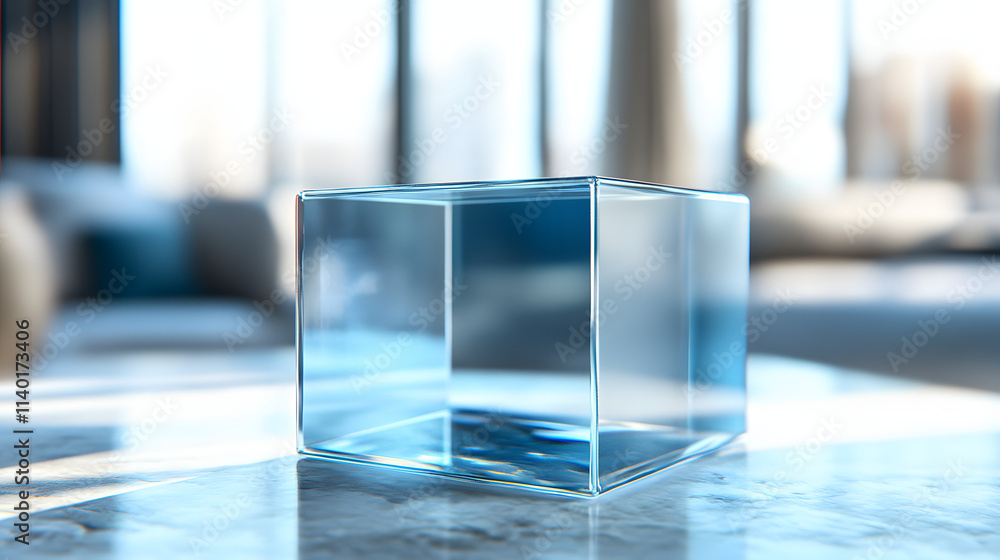 Poster 3d rendered transparent cube graphics with blue colors on a light background. illustration for digit