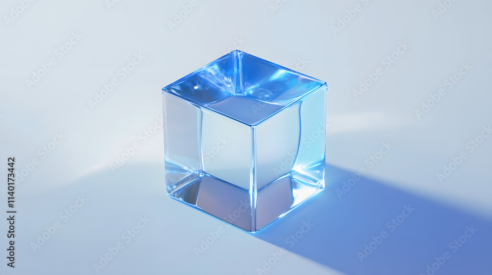 Poster 3d rendered transparent cube graphics with blue colors on a light background. illustration for digit