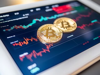 Digital stock market data on tablet with fluctuating cryptocurrency values and trends 