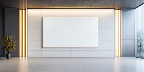 Blank canvas on tiled wall in modern empty room with light tiles. 3D Rendering, Generative Ai