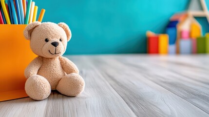 Cute teddy bear and colorful toys in bright indoor play area