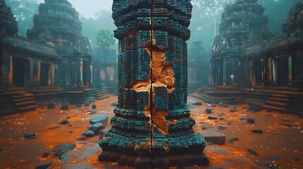 Obraz premium Ancient temple column detail, cracked, weathered stone, misty ruins.