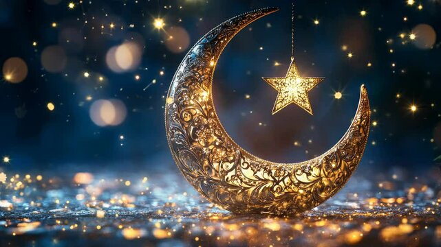 A beautifully decorated crescent moon and star, made of intricate patterns, symbolizing the holy month of Ramadan