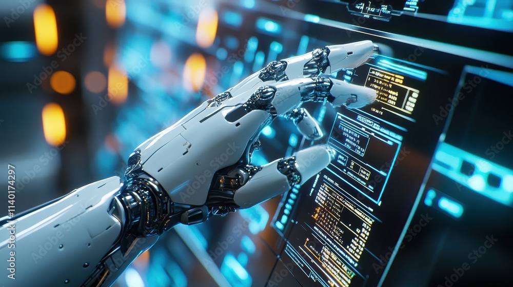 Poster a robotic hand interacts with a digital interface displaying data.