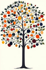 Illustrated tree with colorful fruit and leaves.