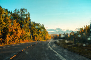 Obraz premium Scenic road trip in autumn forest on winding road during rainy day