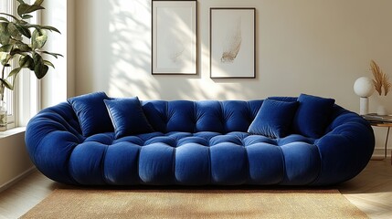 A large, blue, tufted sofa with plush cushions sits in a modern living room with a large window, two framed prints, and a side table.
