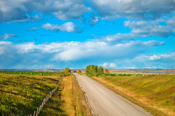 Scenic country road through agricultural field and pasture in autumn at countryside