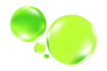 Green 3D glowing bubbles, shower gel droplets isolated, transparent background. Liquid spilled serum blob for natural cosmetic.