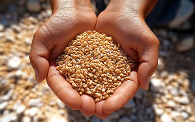 Closeup of farmers hands holding wheat grains in a golden wheat field, harvesting crops for export, organic farming concept, growth and abundance, natural agricultural setting