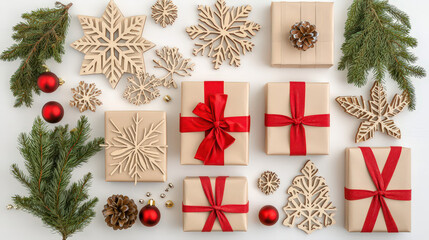 A festive arrangement of gifts, ornaments, and greenery for holiday celebrations.