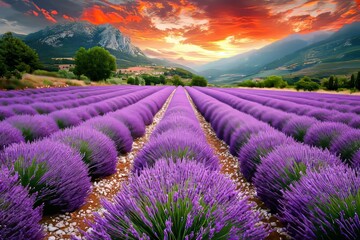 Obraz premium The sight of a lavender field bathed in early morning light is magnificent.