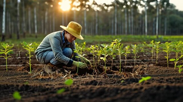 A captivating realistic photo of a reforestation project, featuring young saplings being planted in a previously deforested area, symbolizing hope and ecological restoration