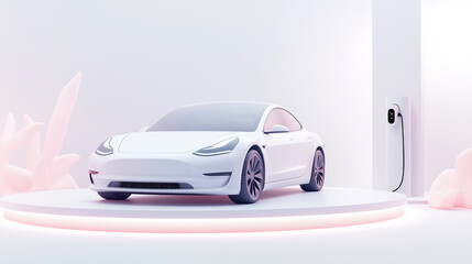 Electric car charging on an circular platform. The style is minimalist and modern, featuring a round shape for the charging station mockup