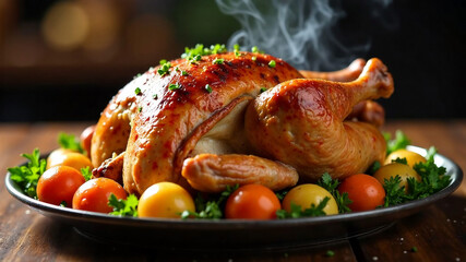 The turkey is surrounded by potatoes and carrots