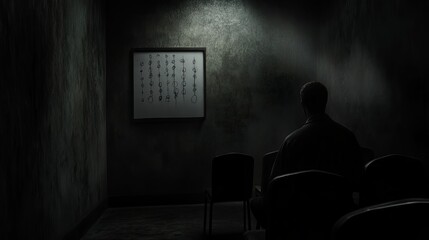A man sits alone in a dimly lit room, facing a whiteboard with scribbles on it. The atmosphere is mysterious and unsettling.