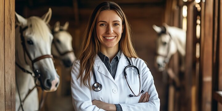 Portrait of equine veterinarian standing confidently in a horse stable, showcasing professional care for animals