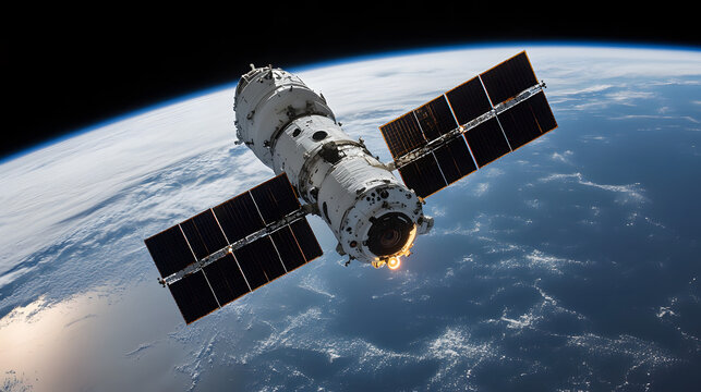 Cargo spacecraft slowly approaching a large space station, symbolizing the advancement and collaboration in space exploration.