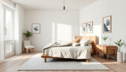 Bedroom Interior Design With Scandinavian Concept - Hotel Master Bedroom - Apartment Master Bedroom Interior With Bed - Interior Design - Scandinavian Style