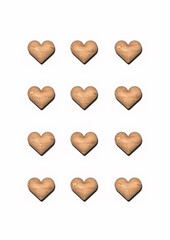 Realistic wooden hearts isolated on white background. 3D illustration of minimalistic poster or postcard for Valentine's Day, the day of love. A2 wallpaper