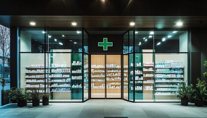 Green cross pharmacy sign on storefront, shelves of medications and health products visible through the window, modern and clean pharmacy design, clear and vibrant signage
