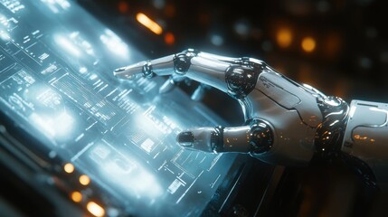 Fototapeta premium A robotic hand interacting with a glowing digital interface.