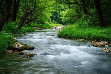 Obraz premium Serene flowing stream through lush green forest.