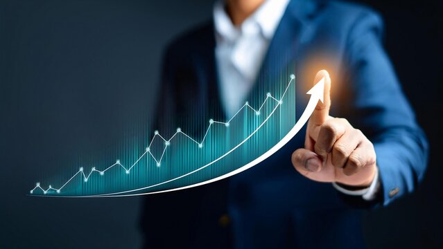 Startup business trend growth concept, improve development chart of company. Graph upward arrow grow up. Plan best sale performance return on investment stock, opportunity success challenge strategy