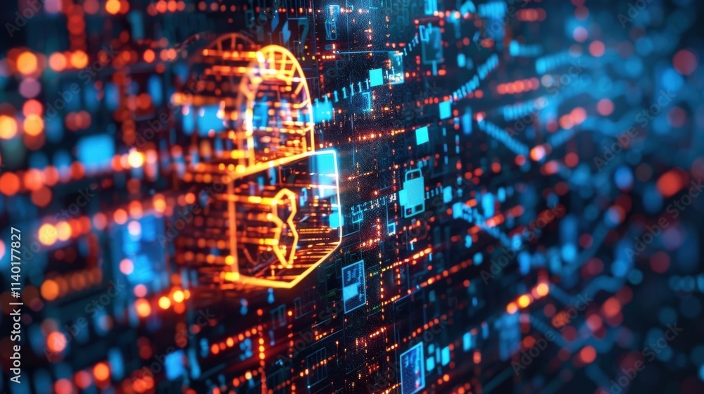 Poster complex digital information flows on a futuristic circuit board, protected by a glowing padlock, ens
