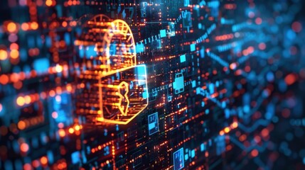 Obraz premium Complex digital information flows on a futuristic circuit board, protected by a glowing padlock, ensuring data security and encryption in a high tech environment
