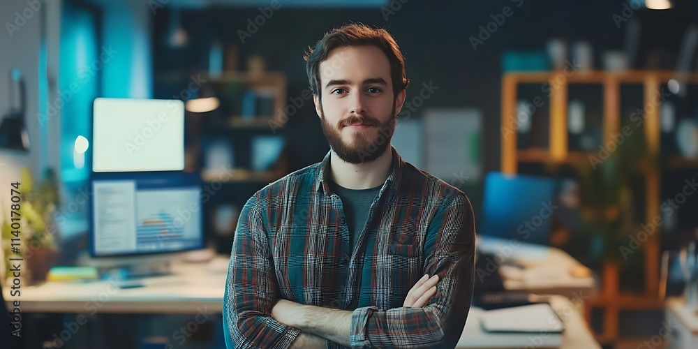 Poster portrait of a web developer standing confidently in a tech office