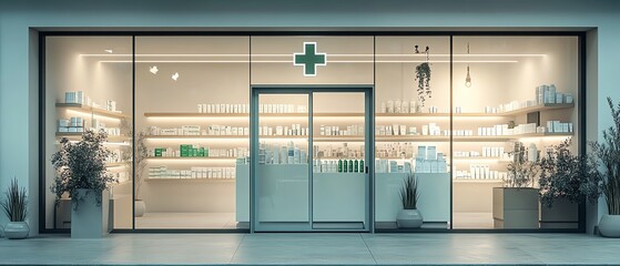 Pharmacy storefront with green cross sign on window, shelves of medical products visible inside, bright inviting atmosphere, professional chemist signage, modern clean design