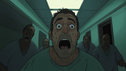 A man screams in terror as he is surrounded by a group of men in a hallway.