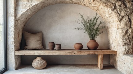 Cozy wabi-sabi nook with a curved stone wall, a reclaimed wooden table, and simple handmade clay pots