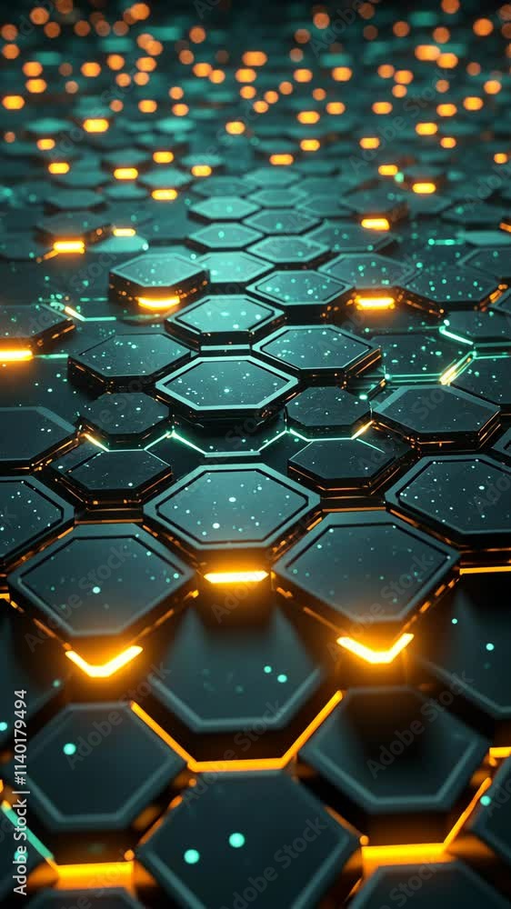 Poster geometric hexagonal pattern illuminated with glowing orange lights and a dark background
