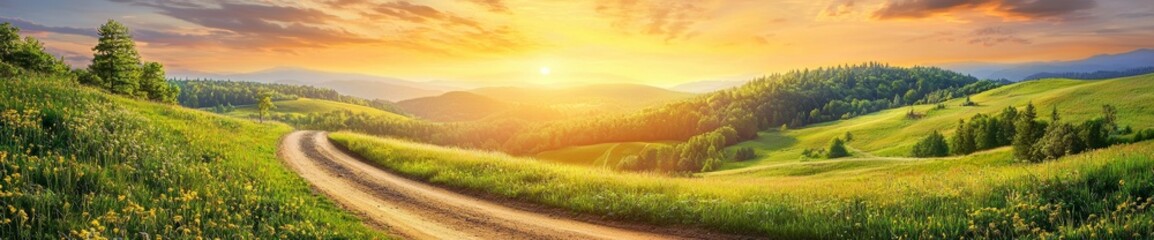 Stunning summer vista of a rural landscape at sunrise.