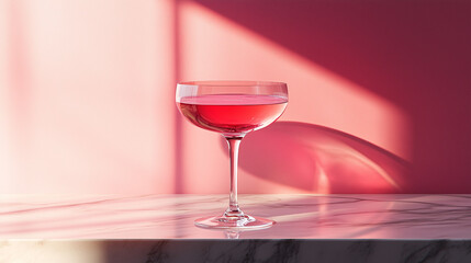 Crystal clear coupe glass filled with pink cosmopolitan on marble bar counter