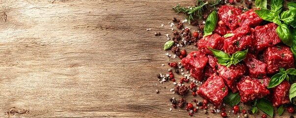 Preparing fresh meat cubes with spices and herbs on wooden table culinary display natural setting top view for food lovers