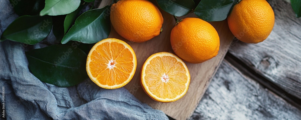Poster fresh oranges with leaves resting on rustic wooden table