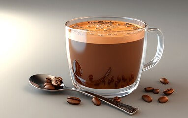 A glass cup filled with coffee, accompanied by coffee beans and a spoon.