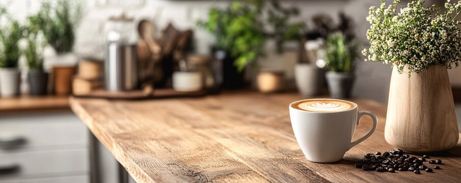 Cappuccino with latte art on wooden table in cozy kitchen