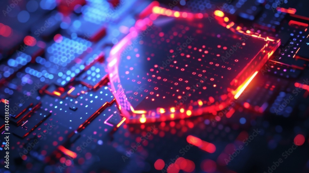 Poster binary code flowing through glowing transparent shield hovering over futuristic circuit board, repre