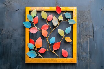 Vibrant Painted Leaf Design in Gold Frame on Dark Wall