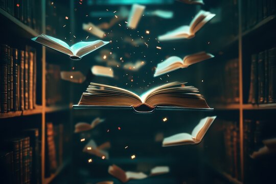 Surreal image of floating books with glowing pages in a dark library, magical literacy theme