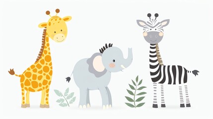 Obraz premium A giraffe, elephant, and zebra are shown in a cartoon style.