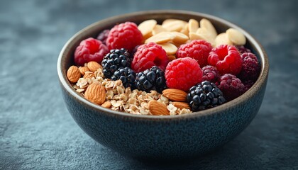 A bowl of fresh raspberries, blackberries, and almonds on a dark textured surface, vibrant healthy snack idea, rich natural colors, 4K resolution