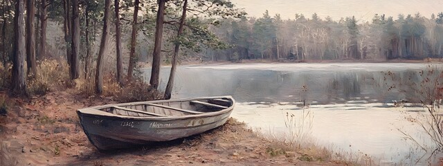A vintage oil painting of an old rowboat on the river bank, surrounded by trees and grassy areas with some farm buildings in the background