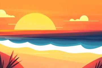 Fototapeta premium The sandy beach in close-up. A wide shot of the beach landscape. A tropical beach seascape with the horizon, inspiring awe. A serene and tranquil sunset sky in shades of orange and gold, perfect for